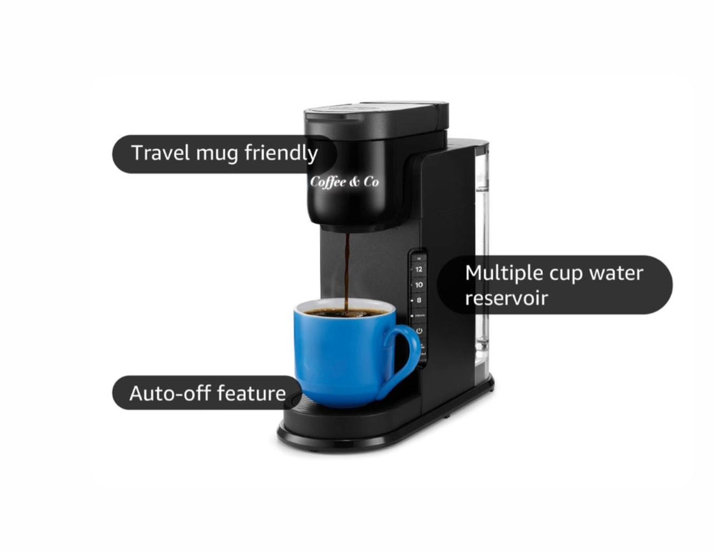 Coffee & Co -Express Single Serve K-Cup Pod Coffee Maker, 3 Brew Sizes, Strong Button Feature, 42oz Removable Reservoir, Black