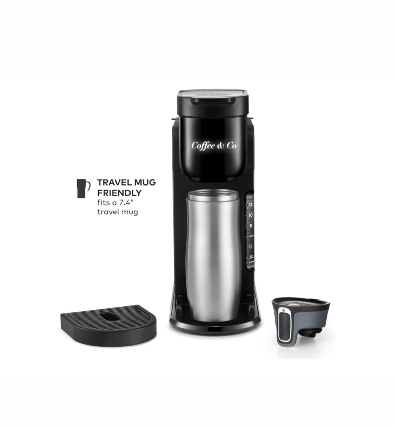 Coffee & Co -Express Single Serve K-Cup Pod Coffee Maker, 3 Brew Sizes, Strong Button Feature, 42oz Removable Reservoir, Black